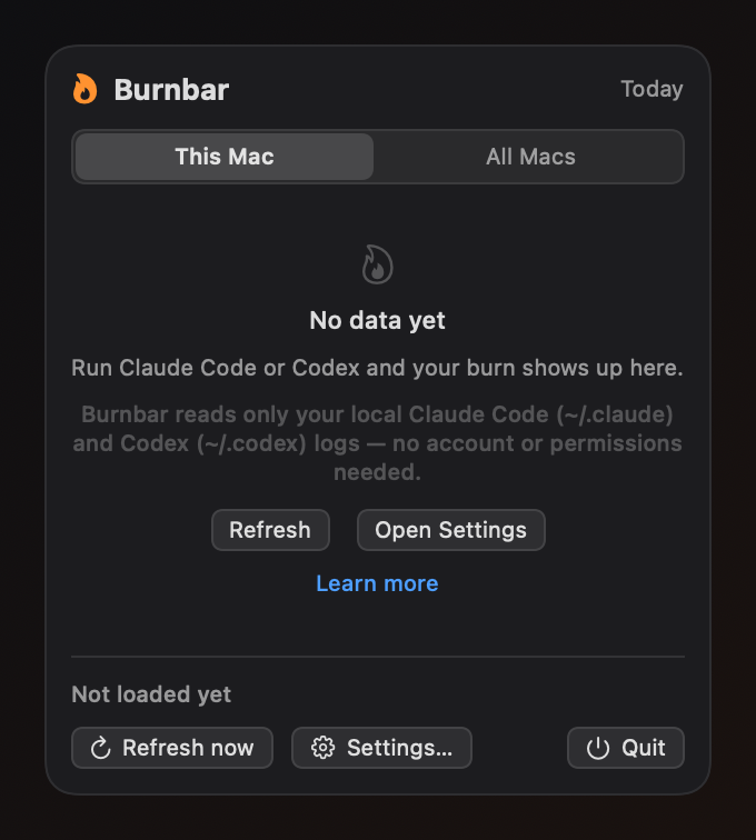 Burnbar's popover empty state, shown before any usage has been recorded, with guidance on getting started.
