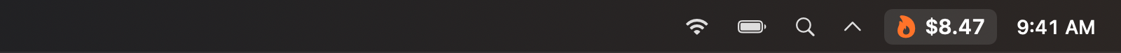 Burnbar's flame status item in the macOS menu bar, showing today's token spend next to the clock.