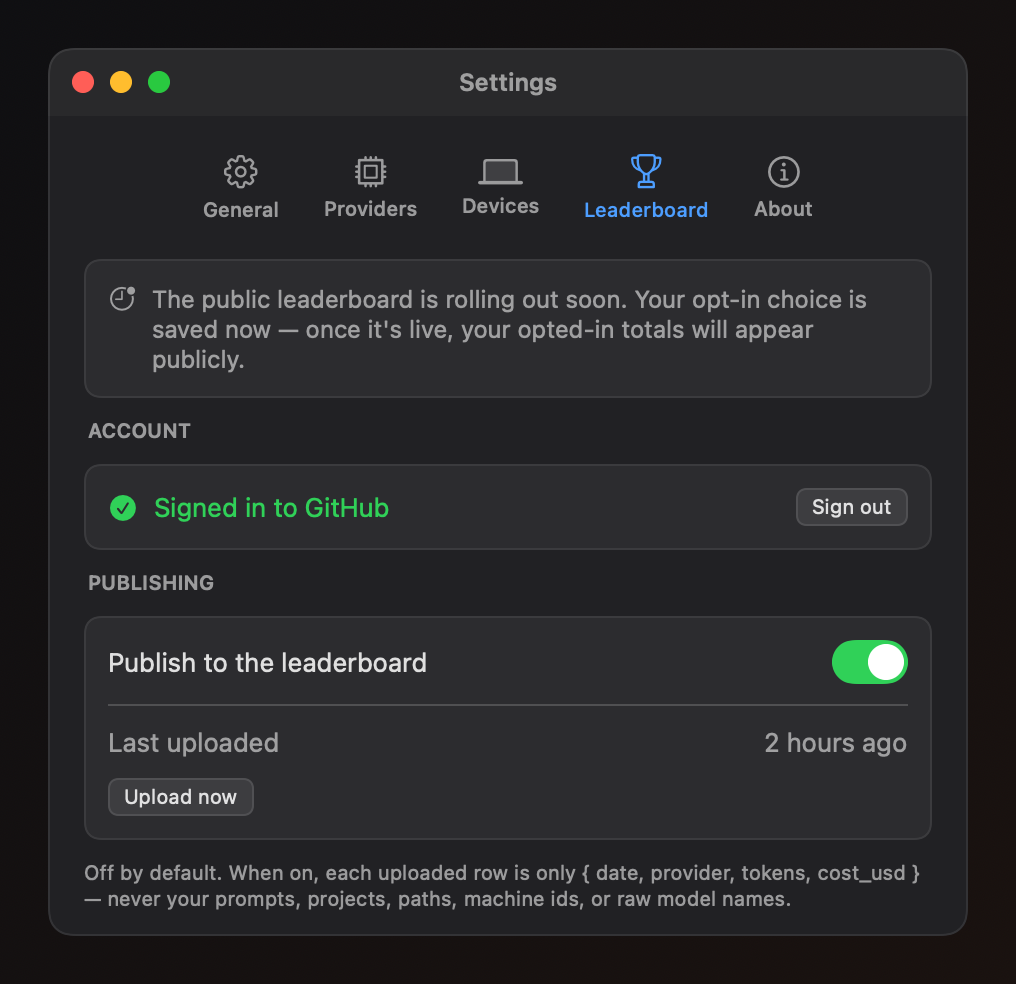 Burnbar's Settings window showing the opt-in leaderboard controls and GitHub sign-in.